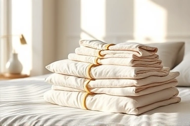 Luxurious pajama sets neatly arranged on a bed.