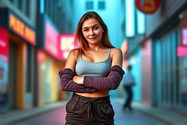 Woman confidently wearing Y2K arm warmers with cropped top and low-rise pants.