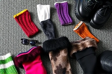 Variety of colorful Y2K arm warmers in different textures and materials.