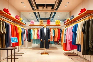 Modern clothing store with abstract digital payment elements.