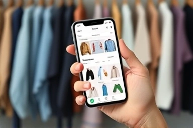 Curated fashion items on smartphone, minimalist interface, diverse wardrobe styles