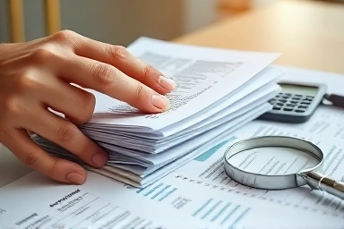 Financial documents, receipts, calculator, magnifying glass, meticulous organization.