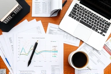 Desk, tax forms, laptop, savings graph, organized planning.