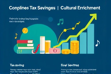 Infographic symbolizing tax savings and cultural enrichment for income tax deductions.