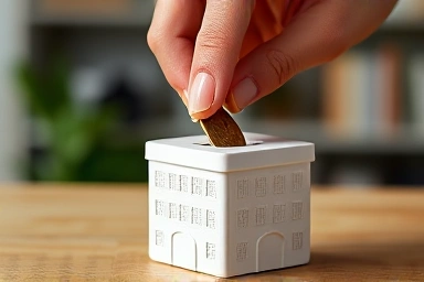 Hand saving money in a building-shaped piggy bank