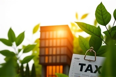 Corporate building with financial benefit and environmental symbols.