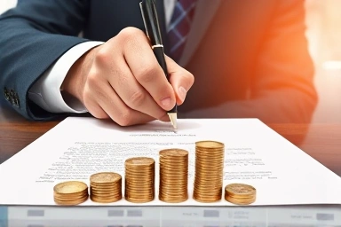 Hand signing document turning into coins with Korean landscape backdrop.