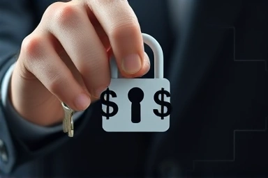 Hand placing key into lock of financial symbols.