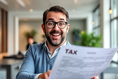 Business owner receiving cash refund from tax document.