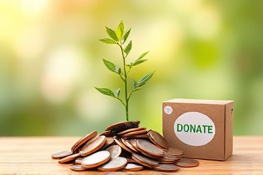 Symbolic plant growing from coins and donation box.