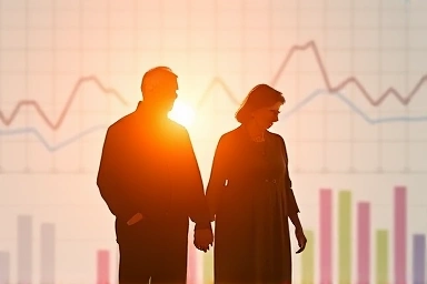 Elderly couple silhouette with financial growth symbols
