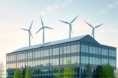 Sustainable corporate building with green energy symbols