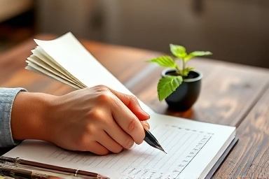 Hand managing farm records, with a seedling symbolizing growth.