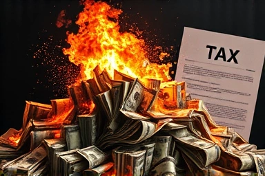 Money explosion symbolizing tax penalty, financial ruin concept.