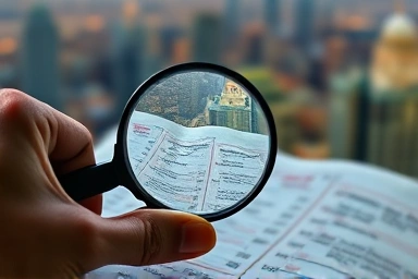 Magnifying glass on financial ledger, global currency scrutiny.