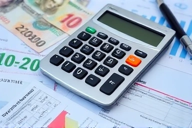 Calculator with international currency and tax documents.