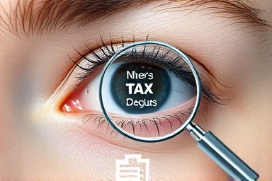 Close-up eye with tax icons and magnifying glass