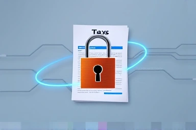 Secure digital lock on tax document, symbolizing financial data protection.