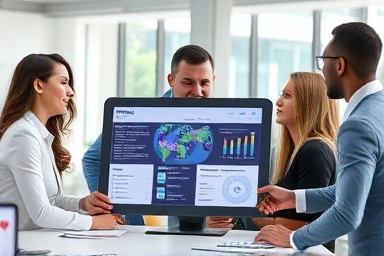 Business professionals collaborating on digital tax interface, showing efficiency.