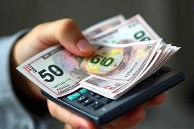 Hand with calculator and falling money, representing tax burden.