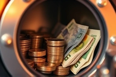 Coins and banknotes secured in a vault, symbolizing ISA tax savings.