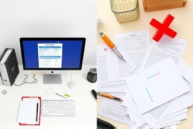 Tax filing success vs. failure, organized vs. chaotic desk, penalty symbol