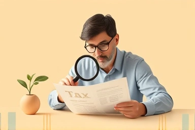 Taxpayer reviewing property tax document with magnifying glass