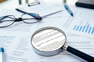 Financial documents, magnifying glass, office desk, accuracy, attention to detail