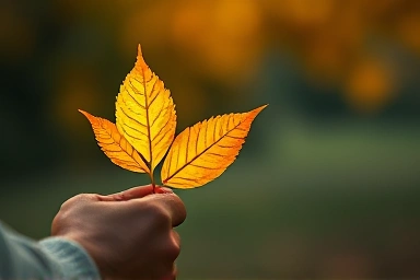 Hand holding glowing golden leaf, focus on detail.