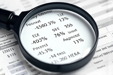 Magnifying glass over abstract tax document details.