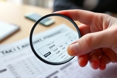 Hand holding magnifying glass over tax document, revealing hidden details.
