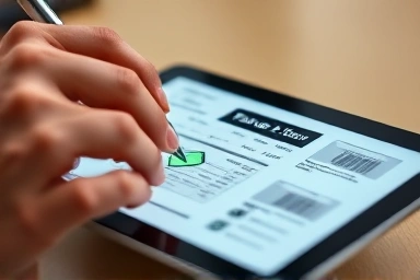 Hands completing digital tax form, symbolizing tax solution.