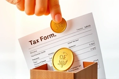 Tax form, donation box, golden coin, financial clarity, generosity