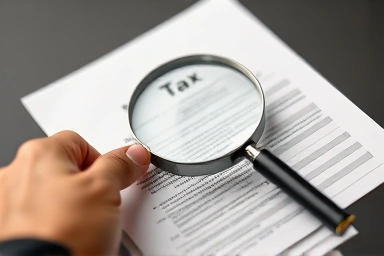 Tax document being examined with a magnifying glass.
