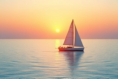 Elegant sailboat at sunrise on calm sea.