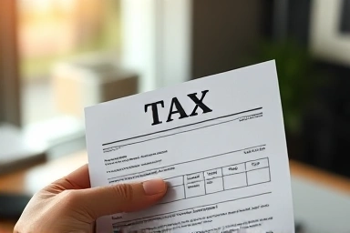 Hand holding tax document with ship icon.