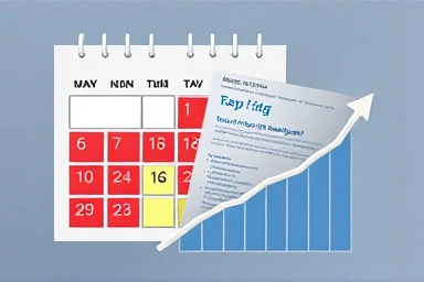 Symbolic tax reporting calendar with upward financial trend.