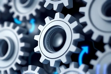 Abstract gears and data streams symbolizing administrative process change.