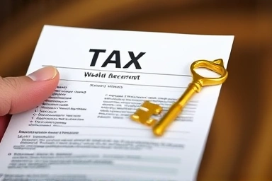 Tax document with golden key, symbolizing property tax savings.