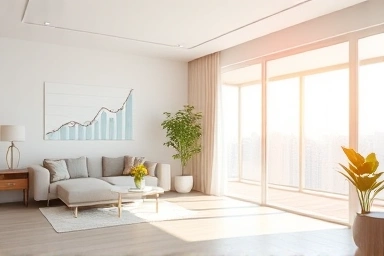Modern apartment interior with subtle financial growth symbols.