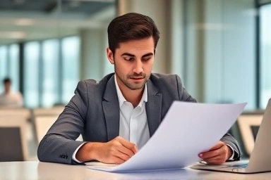 Calm professional reviewing tax documents with positive aura.