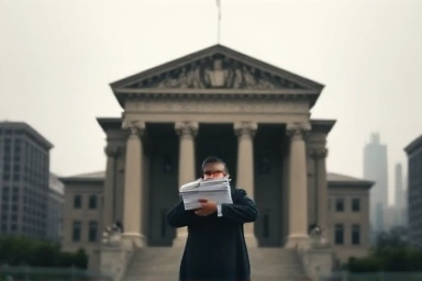 Person seeking justice at courthouse with legal documents.