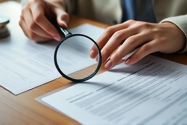 Close-up of hands reviewing tax documents and legal papers.