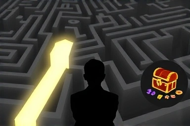 Maze with illuminated path leading to treasure chest for tax benefits.