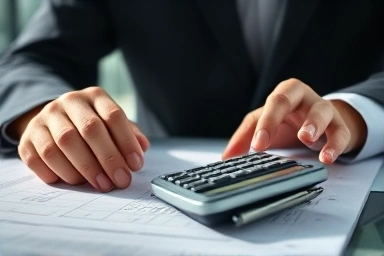 Business hands calculating tax invoice figures with a calculator.