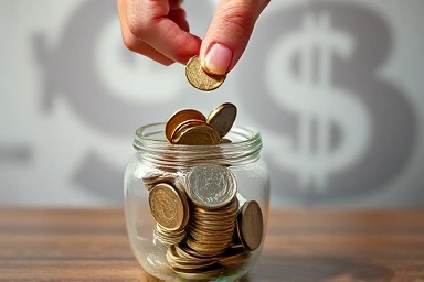 Hand placing coins into a piggy bank for financial security.