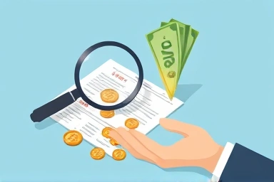 Magnifying glass over coins and tax documents, symbolizing tax refund.