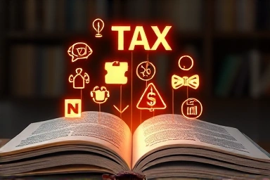 Glowing tax icons emerging from an open guide book.