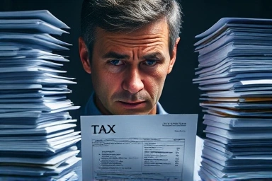 Stressed person with tax documents, tax burden, penalty reduction