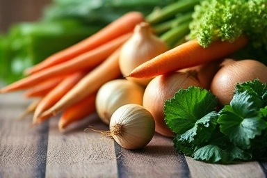 Fresh vegetables on a wooden table, symbolizing agricultural ingredients.